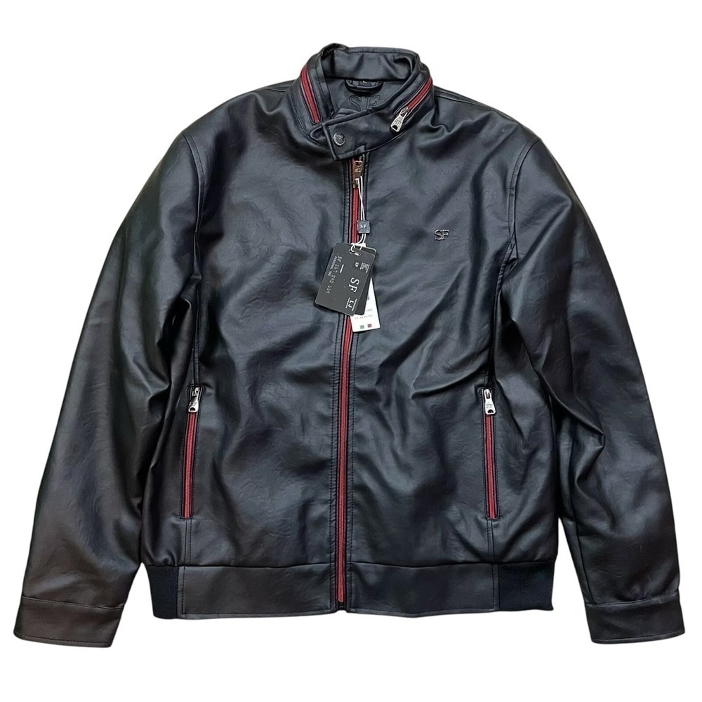 New SF Superlative Fashion Italy Leather Zip Moto Jacket Black Red Mens Size L